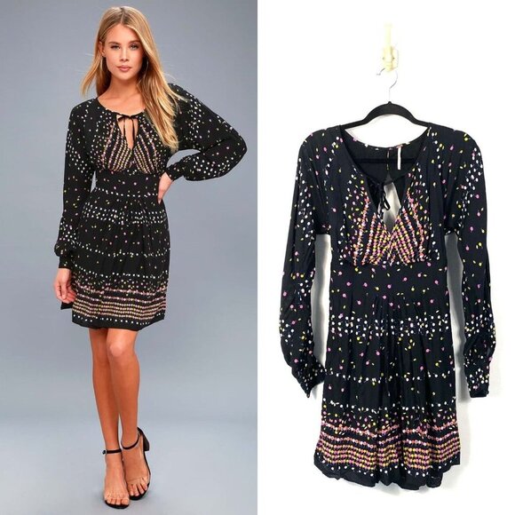 Free People OB736059 Coryn Long Sleeve Mini Dress in Black Combo Size 4 - Picture 1 of 11